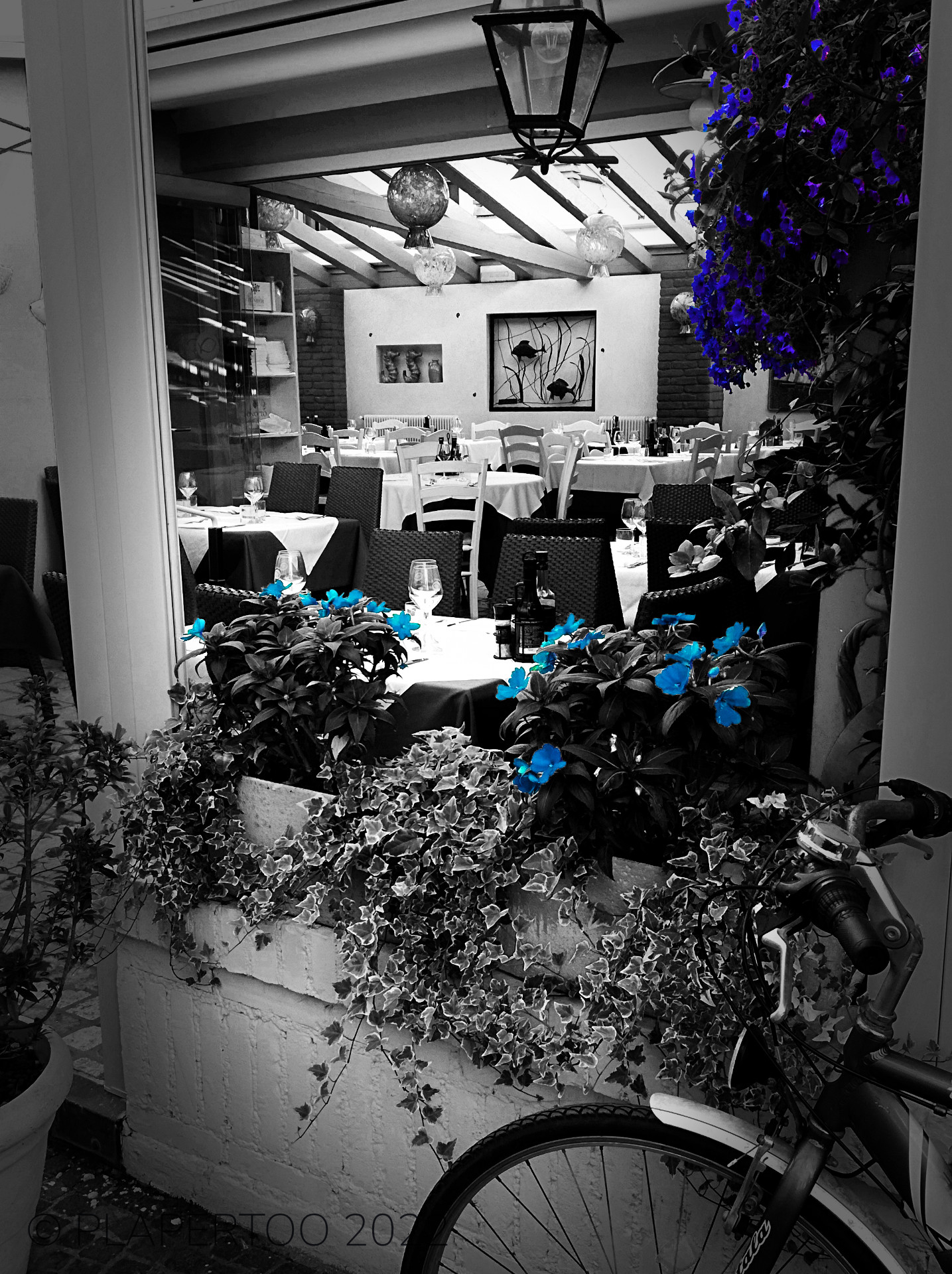 Italienisches Cafe in schwarzweis mit blauen Blumen