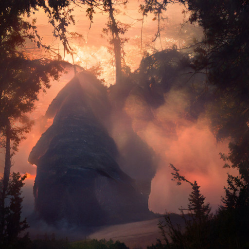 Ein Berg in Form des Plapertoo Logos im Wald mit Nebel. Erstellt von einer KI